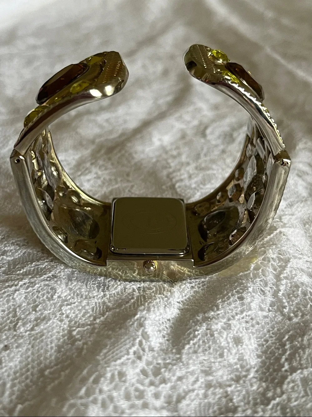 Geneva Gold-Tone Jeweled Cuff Watch with Amber and Lime Stones